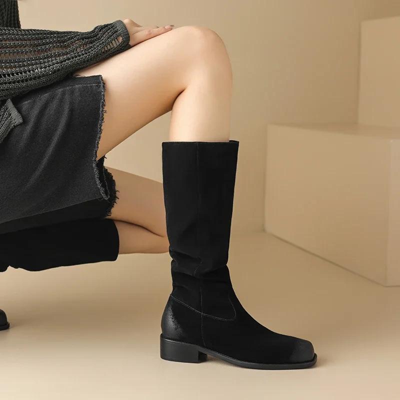 Fashion 2024 New New Cow Suede Retro Women Boots Autumn Winter Slip-On Mid-Calf Boots for Women Square Toe Square Heel Basic Shoes High