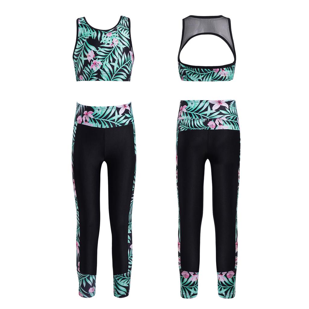 2Pcs Elastic Waistband Long Leggings Pants + Sleeveless Mesh Racer Back Tanks Tops Digital Print Gym Dancewear Outfit
