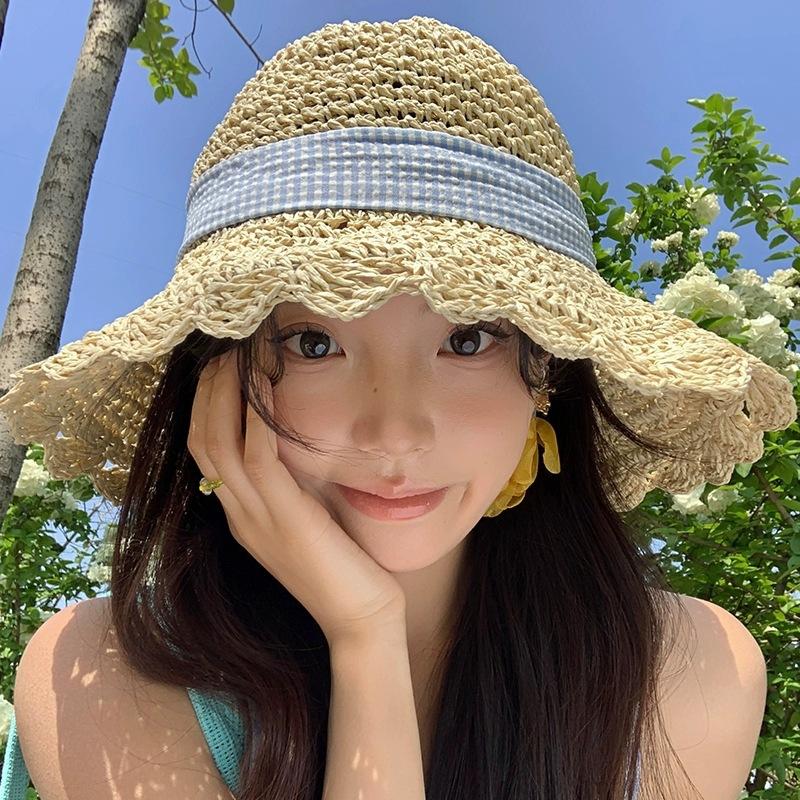 New Handmade Bow Crochet Straw Hat Women's Summer Seaside Vacation Sunshade Sunscreen Hat French Hollow Hat Tide
