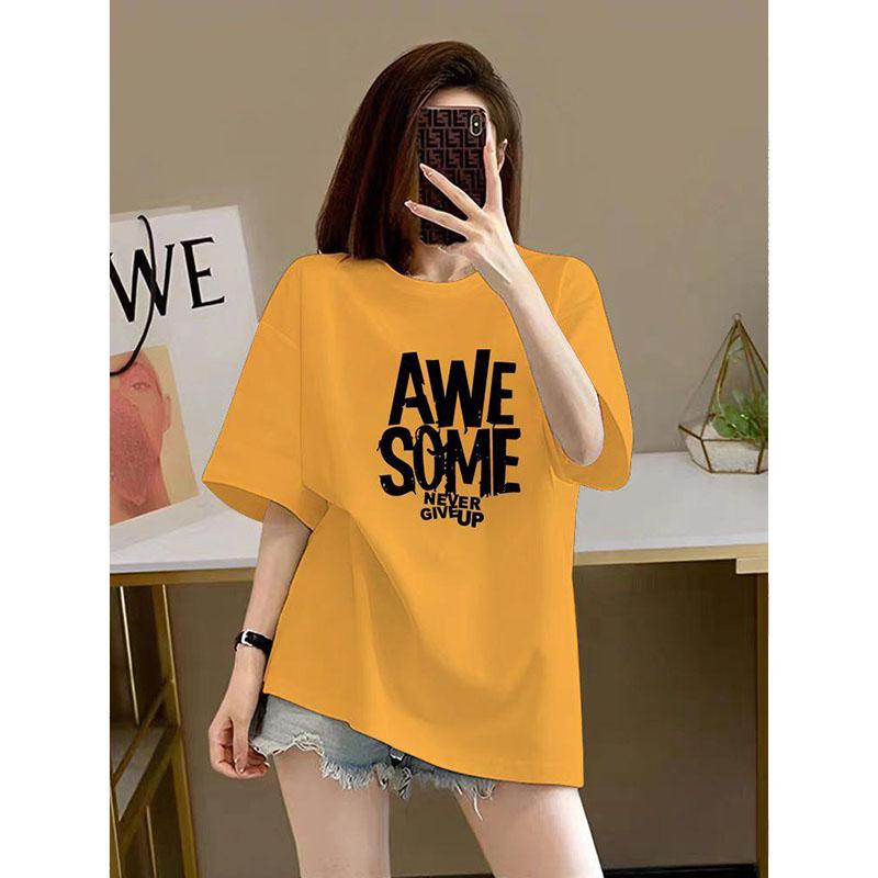 Damenbekleidung Schick Buchstabendruck Basic Top T-Shirts Sommer Mode Reine Baumwolle Rundhals Kurzarm T-Shirt Locker Pullover 45-105Kg