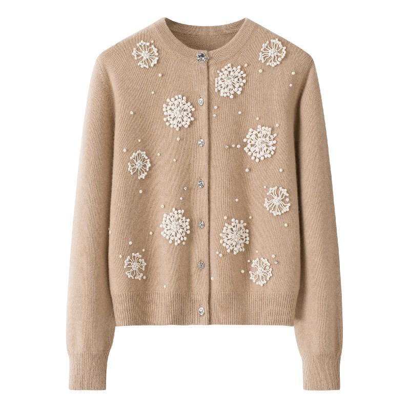 

Женский кашемировый кардиган с ажурным цветочным узором 2025 - Однотонный, с круглым вырезом, длинным рукавом, теплый свитер XXL