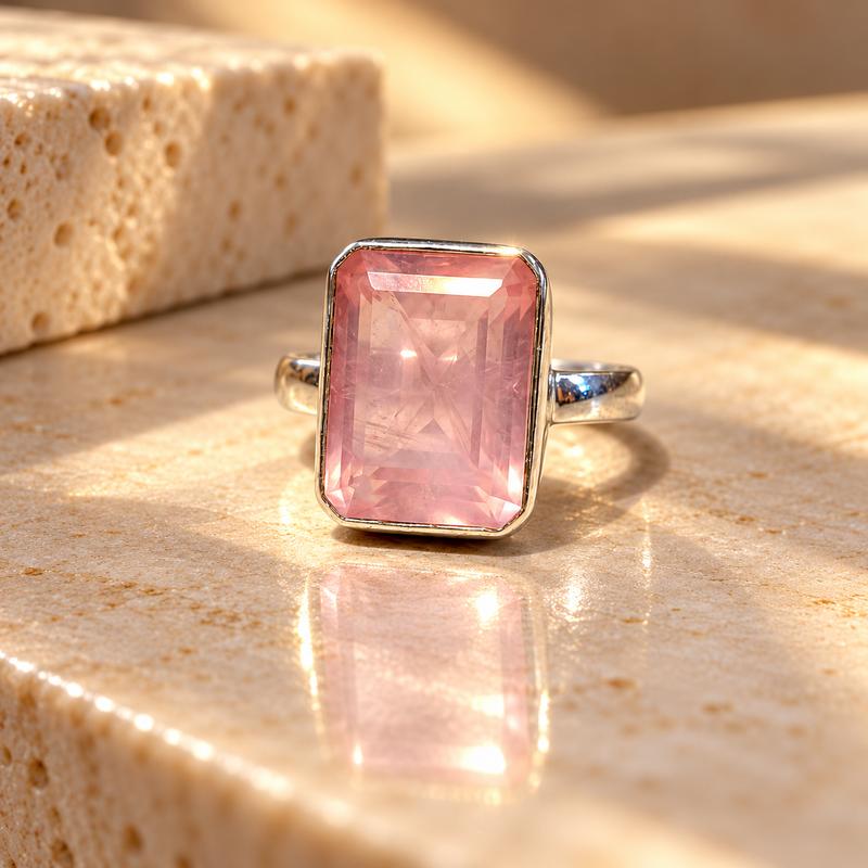 Rose Quartz Emerald Cut Ring, 925 Sterling Silver Statement Ring, Minimalist Pink Gemstone Ring, Gift for Her
