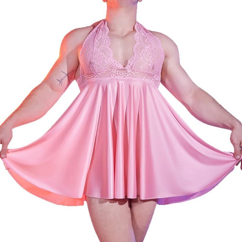 Men'S Sissy Lace Satin Babydoll Dress Erotic Lace Halter Backless Nightgown Thin Silky Smooth Oily Temptation Mini Nightdress