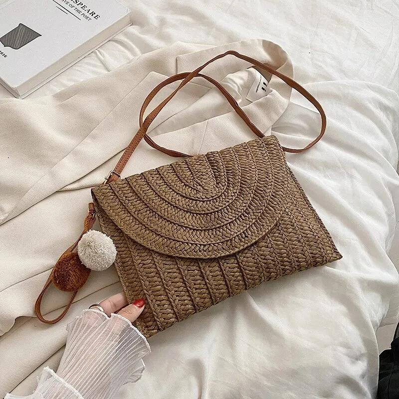 Handmade Straw Beach Shoulder Crossbody Bag Girls Envelope Woven Summer Small Hair Ball Cluth