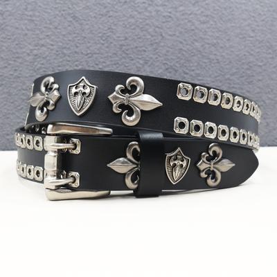 Abi Leather New Style of Personalized Crow Shield Rivet Cowhide Belt Hollow Corn Rivet Belt