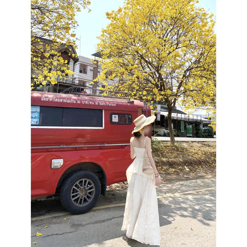 Summer New Versatile Gentle Lace Spliced Skirt + Suspender Two-piece Set for Women Sweet