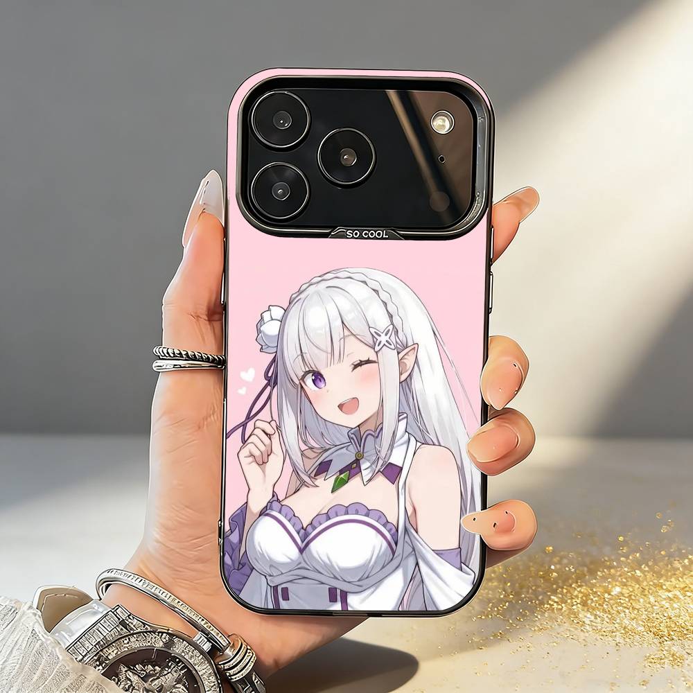 Re Zero Rem Emilia Phone Case For iPhone17 16 15 14 13 12 Pro Max Grey Black Matte Laser Metallic Aurora Funda