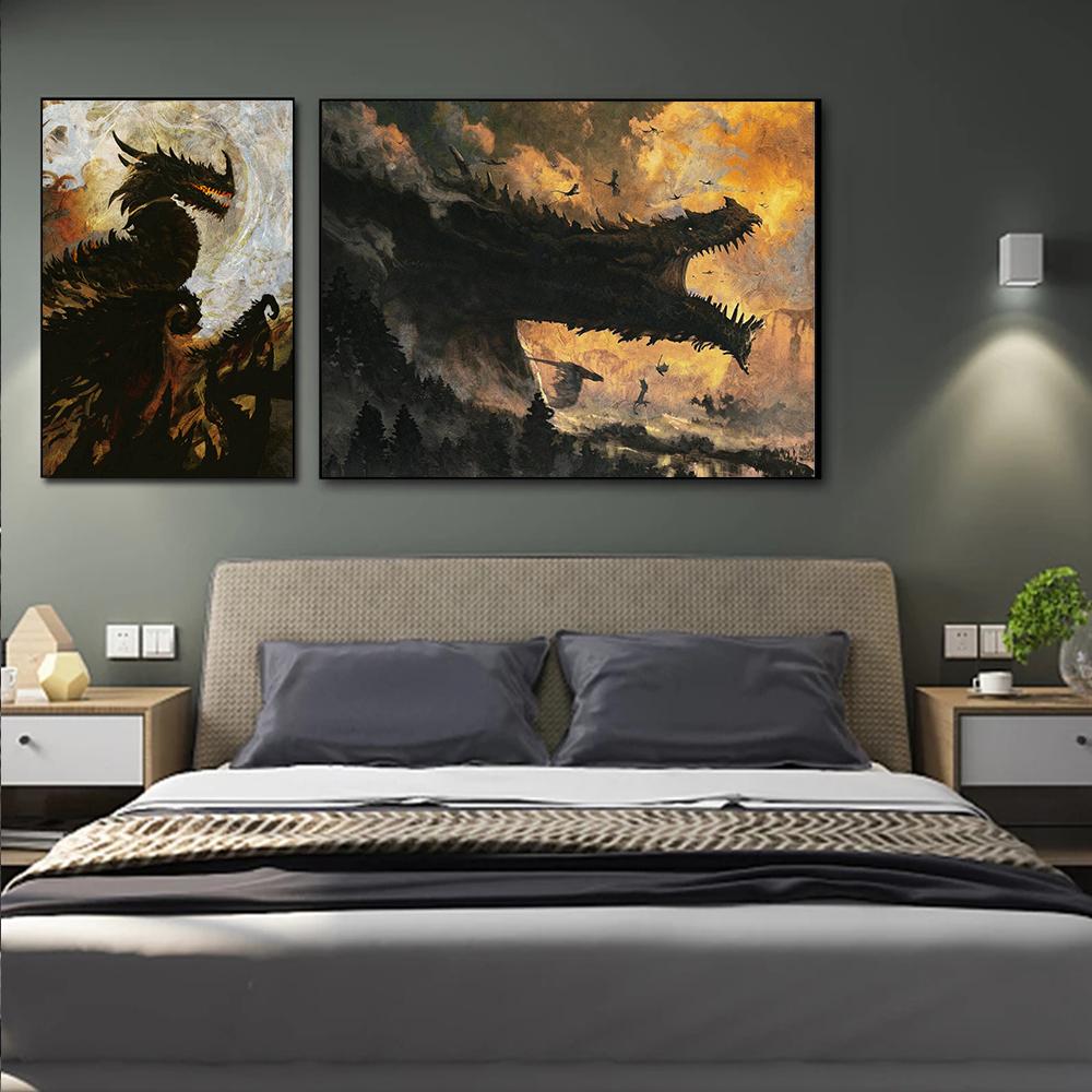 Vintage Mächtiger Westlicher Drache Künstlerische Arbeit Drucke Poster Leinwand Malerei Moderne Wandkunst Bild Wohnzimmer Schlafzimmer Heimdekor