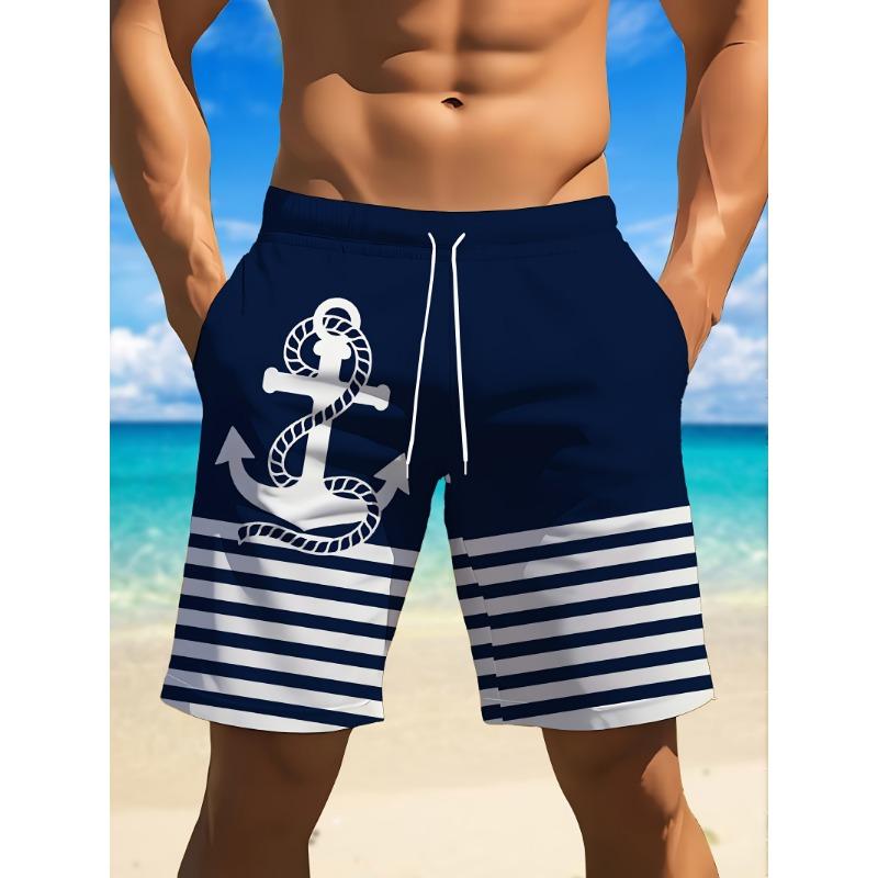 Men's new white wave anchor patterned beach shorts, fashionable and personalized
