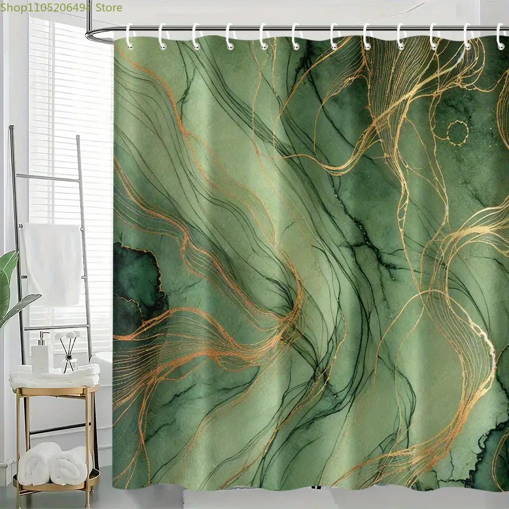 1pc Elegant Green & Shower Curtain with 12 Hooks - Luxury Bathroom Decor Suitable for Home & Hotel Use, Digitally Printed, Mac
