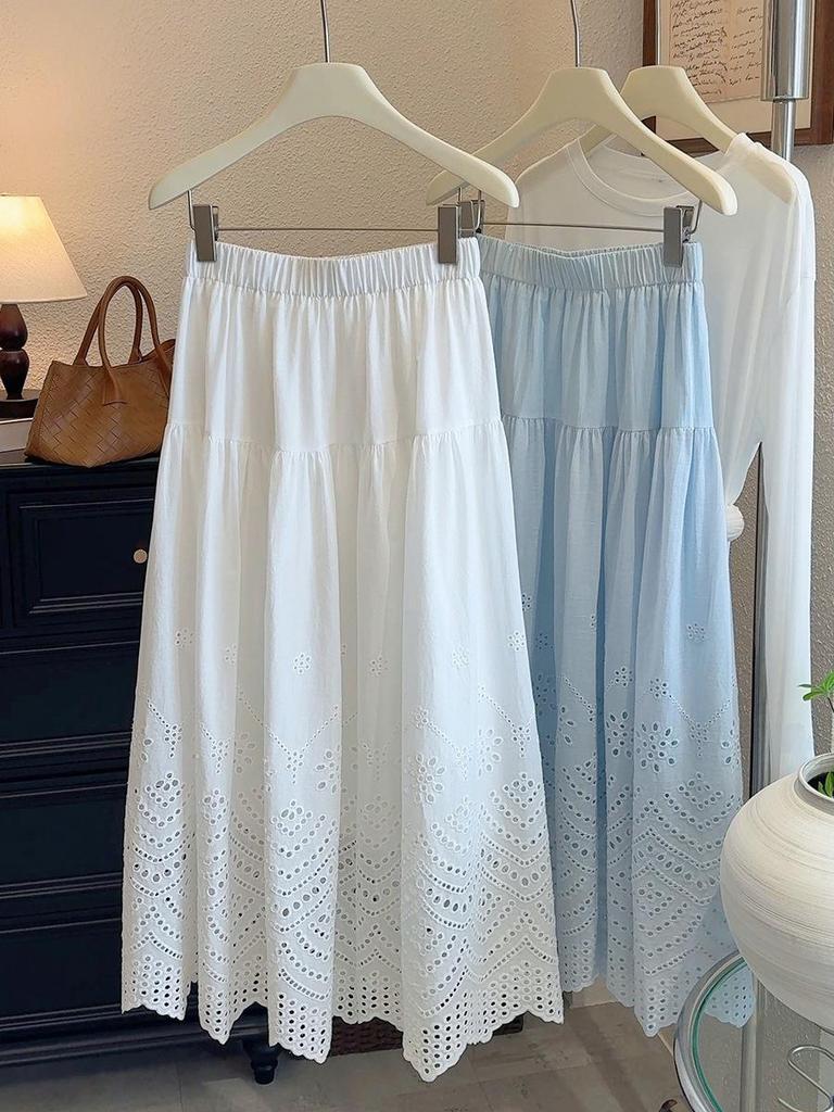 Spring 2026 French Sweet Lace Crochet A-Line Skirt with Elastic Waist for Women