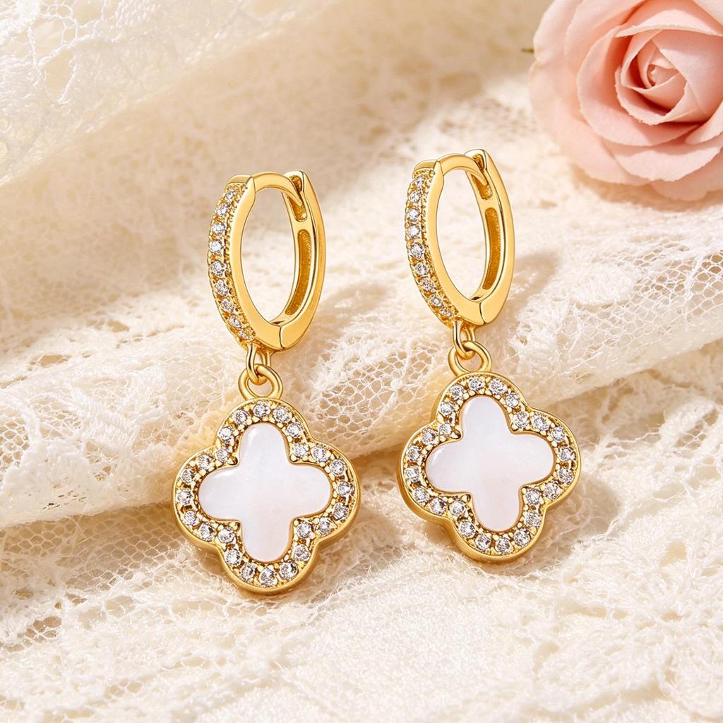 S925 Sterling Silver Four-Leaf Clover Earrings with Zircon, Black Agate, and White Mother-of-Pearl for a Luxurious High-End Look.