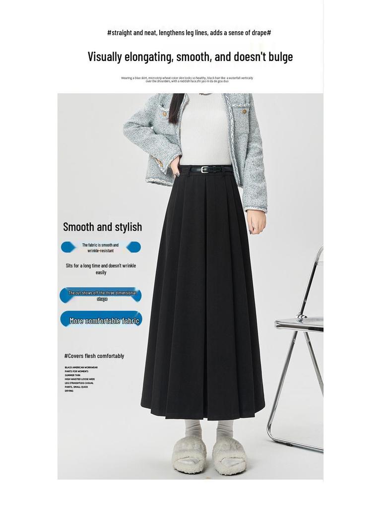 Elegant High-Waist Wool Pleated Midi Skirt for Women - Perfect for Autumn & Winter