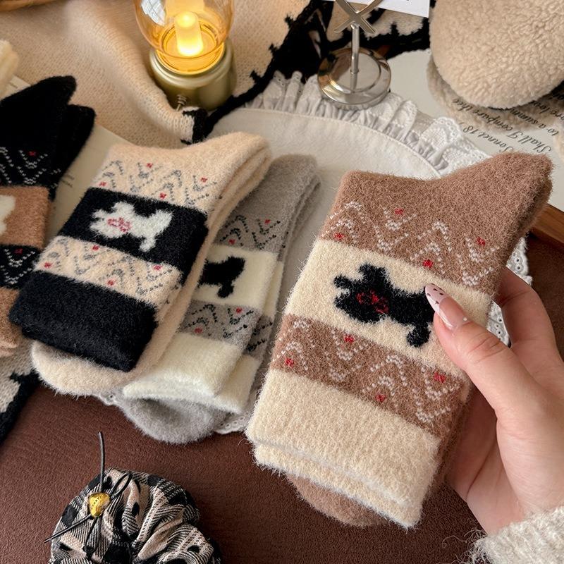 Fair Island Puppy Australian Fleece Socks for Winter Women, Thickened Mid-calf Socks, Comfortable and Casual Fleece Socks with Birken Shoes