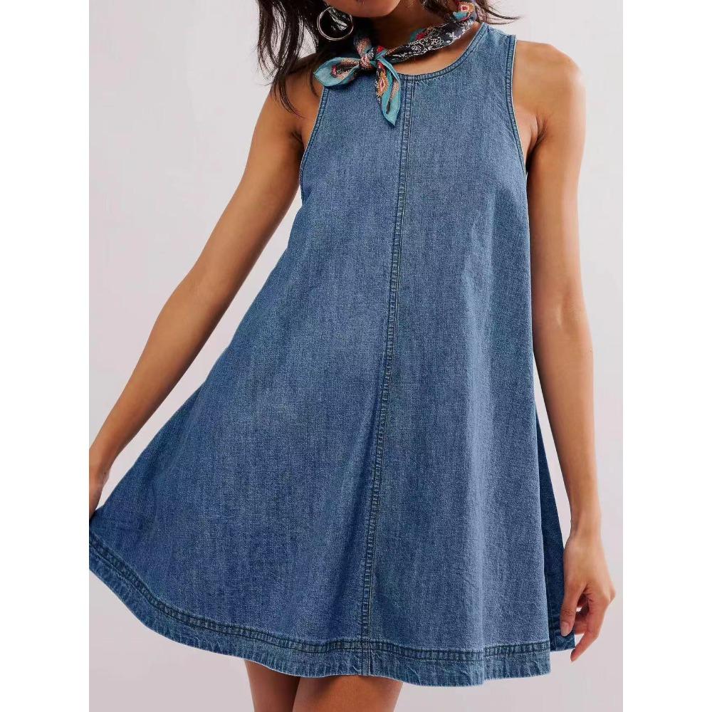 

Trendy Women s Sleeveless A-line Dress Denim Skirt Loose Fit Slimming Round Neck Tank Dress, Casual Vintage Summer Dress for Daily Wear & Vacations S синий