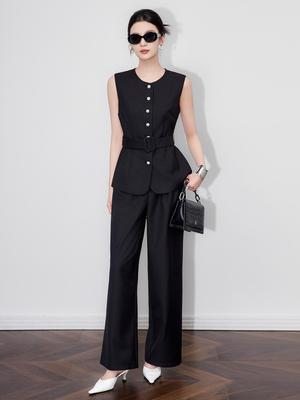 Elegant Silver Buckle Vest & Commuter Wide-Leg Pants Set for Women - Autumn Collection
