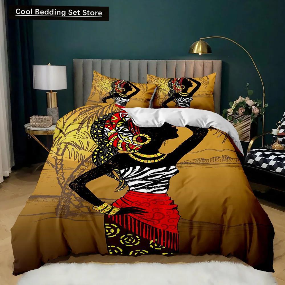 African Woman Duvet Cover Set African Stripe Twin Bedding Set Ethnic Afro Traditional Exotic Queen King Polyester Qulit Cover