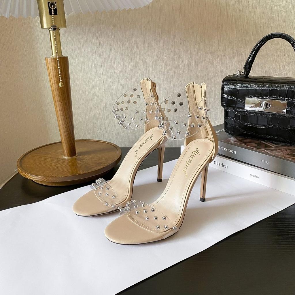 Summer 2025 new pearl one-word transparent strap stiletto sandals celebrity pearl open-toe buckle strap temperament high heels