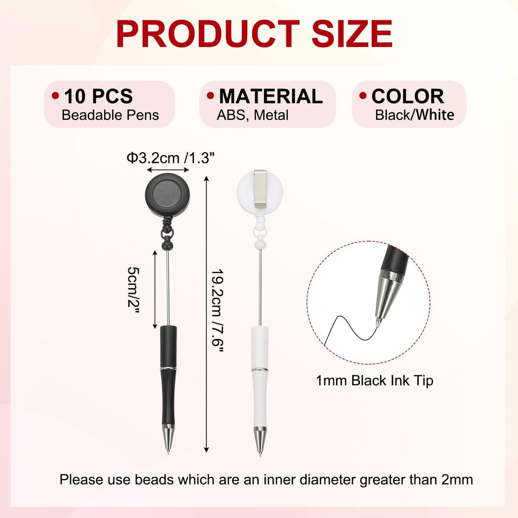 PATIKIL 10pcs Bead Pens Retractable Badge Reel Bead Pens Bulk Bead Ballpoint Pens Black Ink for DIY Making Office Worker Waitress Writing Instrument