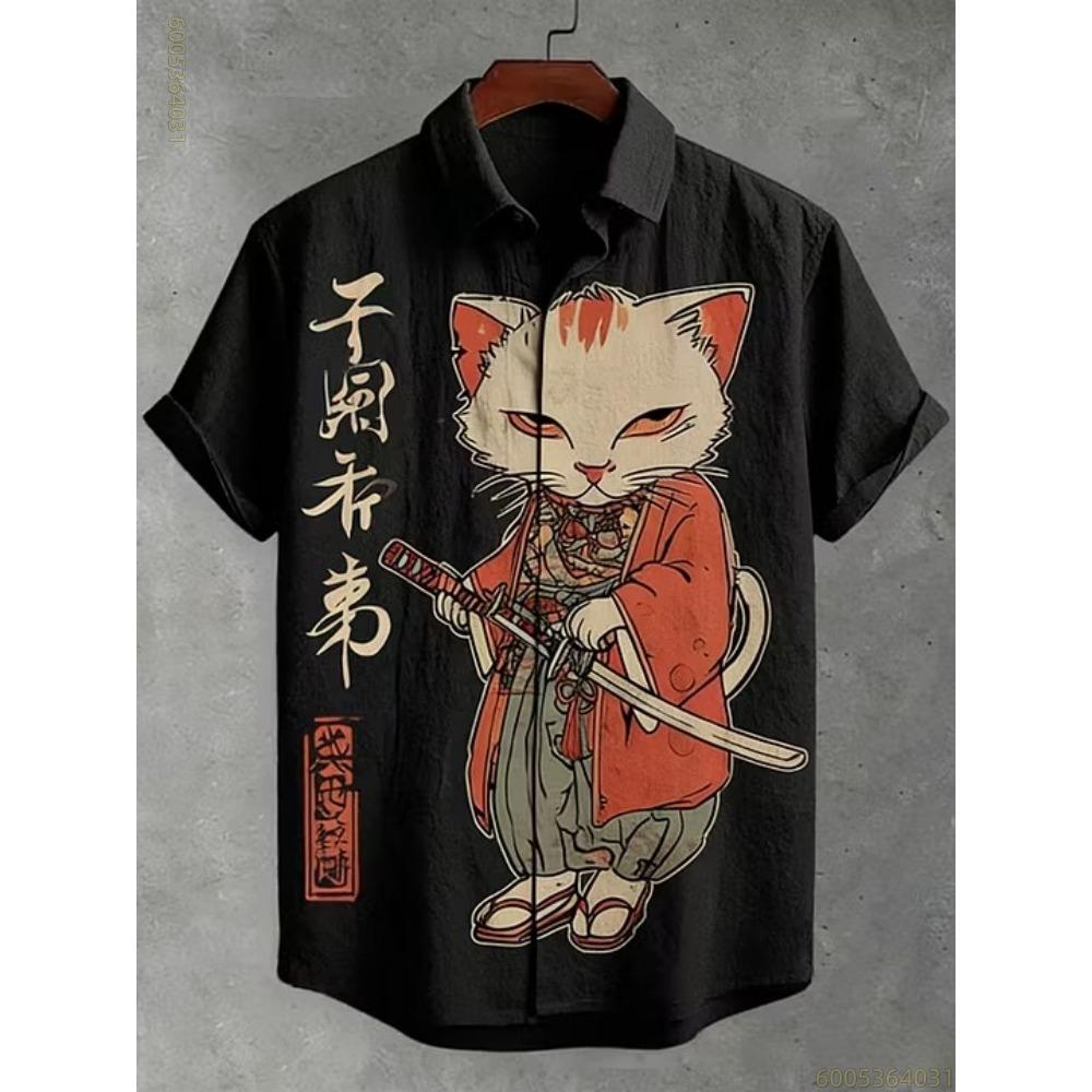 Men's Shirt, Black Cat Riding a Shark, Hawaiian Style, Men's Collared Short-sleeved Shirt, Everyday Commuting and Casual Wear.