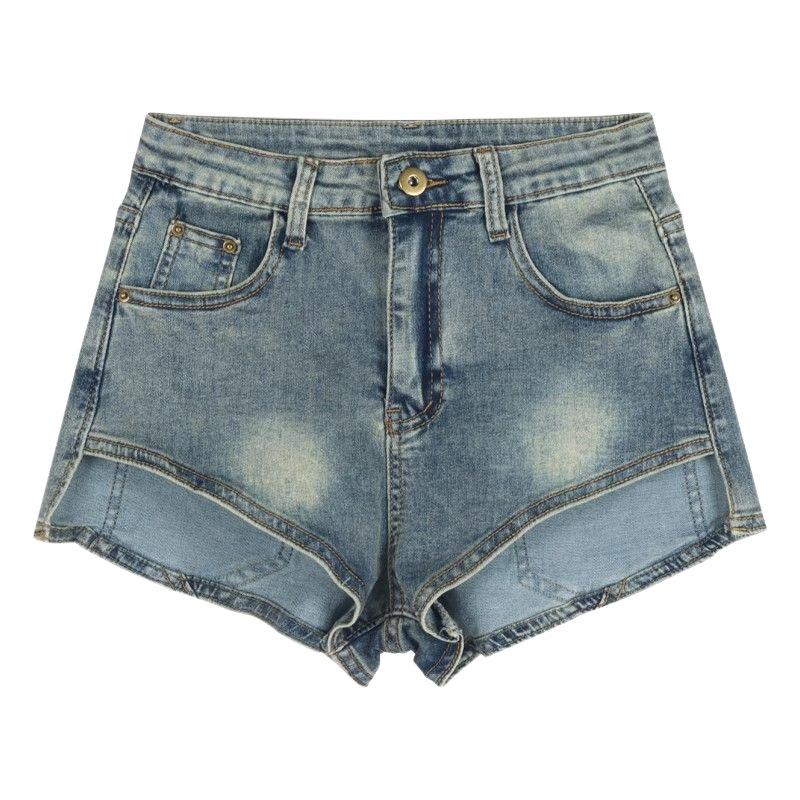 Women's High Waist Elastic Denim Shorts - Irregular Slanted Hem, Petite Fit, Casual Versatile Summer Hot Pants