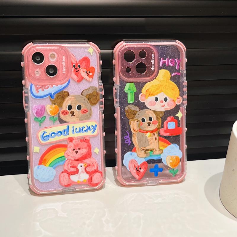 Clear Candy Sweet Graffiti Dog Bear Case For Iphone 13 12 11 14 Pro Max Glitter Protective Cover Shell