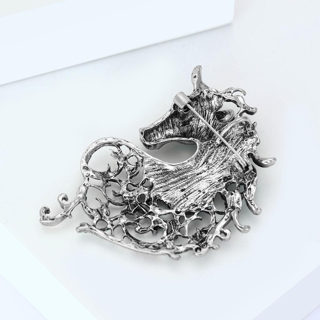 Vintage Hollow Out Handsome Horse Brooch Crystal Badge Pin Jewelry Accessory