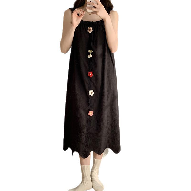 2026 Summer Princess Style Woven Cloud Cotton Camisole Nightgown with Chest Pads - Long Skirt, Square Neck.