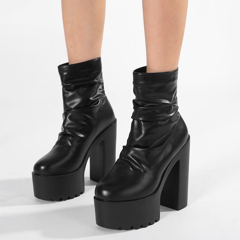 Autumn Platform Ruched Boots High Heels Back Zipper Black Short Boots For Women Increased Waterproof Nightclub Shoes