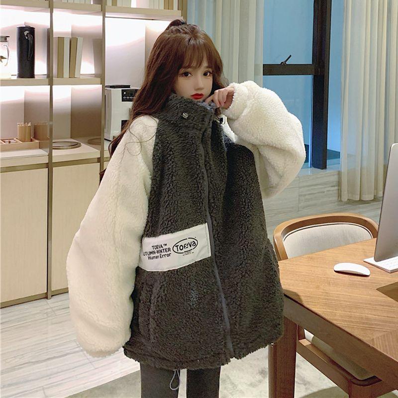 

Куртка из жареной уличной шерсти ягненка с воротником-стойкой, женская зимняя, свободного ретро-стиля, хлопковая утолщенная, контрастного цвета, хлопковая одежда, тренд M （85-110）