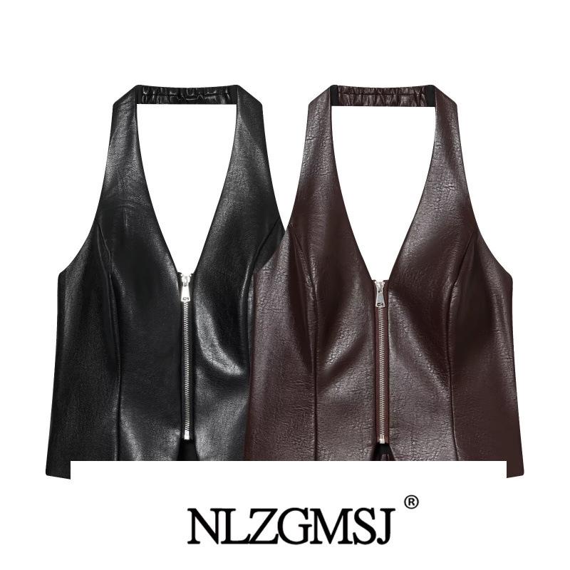 2025 Winter European Style Slim Fit Halter Leather Crop Top Medium
