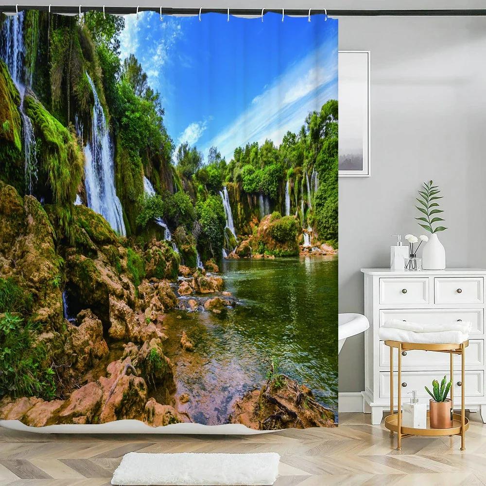 Natural Forest Tree Scenery Shower Curtain Bathroom Waterproof Polyester Fabric Bathroom Curtain 3d Printed Bath Screen Mat