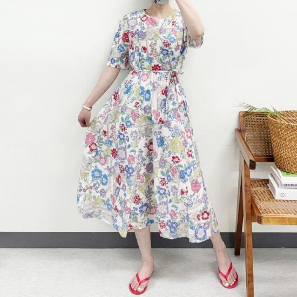 Mizqz Garden Flower Waist Ribbon Puff Sleeve Vacation Long Dress