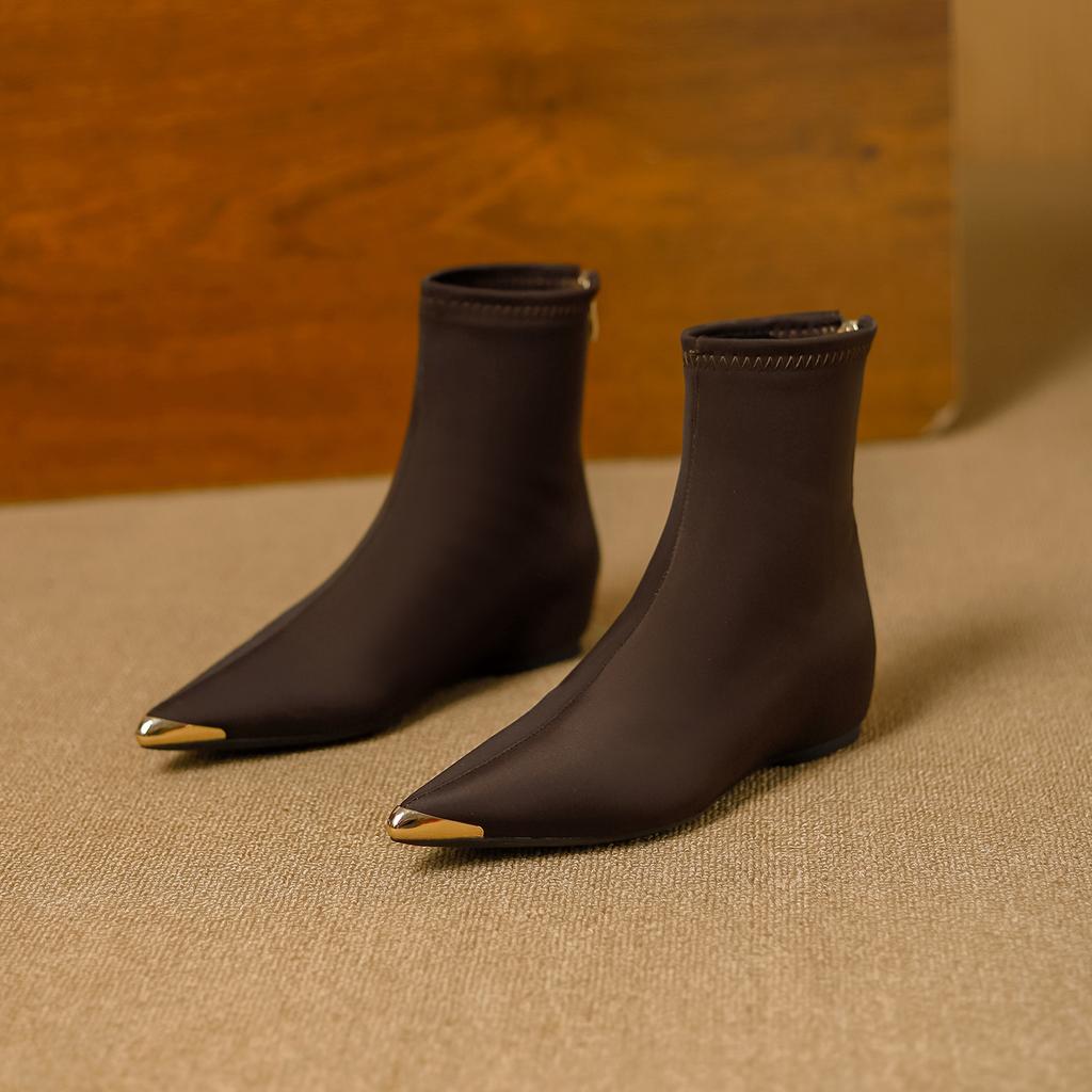Anti-kick Inner Heightening Short Boots Women's 2025 Autumn and Winter New Metal Pointed Versatile European and American Style Elastic Thin Boots Bare