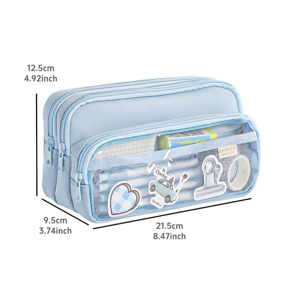 Large Light Color Multi-Compartment Pencil Case Durable with Clear Window Portable Cosmetic Bag for Stationery