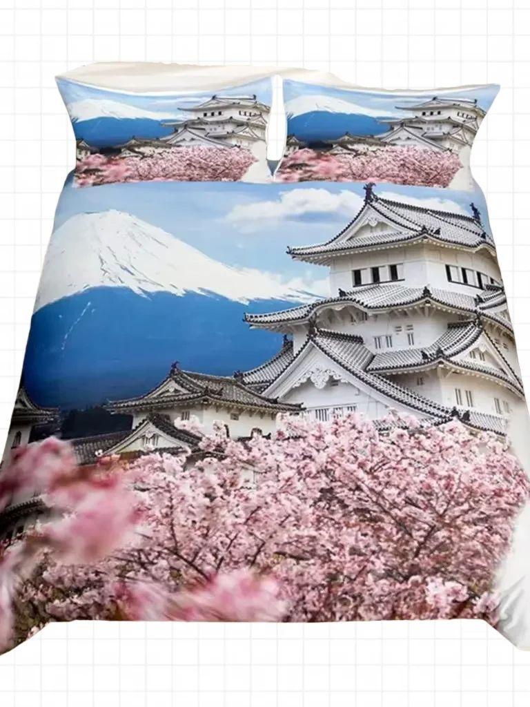 Set Biancheria da Letto Fiore di Ciliegio Giapponese Pittura Paesaggistica Set Copripiumino Stile Copripiumino Poliestere Coperta Trapuntata Artistica Camera da Letto