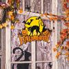 Retro Moon Wall Ornament Halloween Wood Door Hanger Sign, Pumpkin And Black Cat Printed, with Hemp Festive Party Decoration Rope Lanyard, Decorative