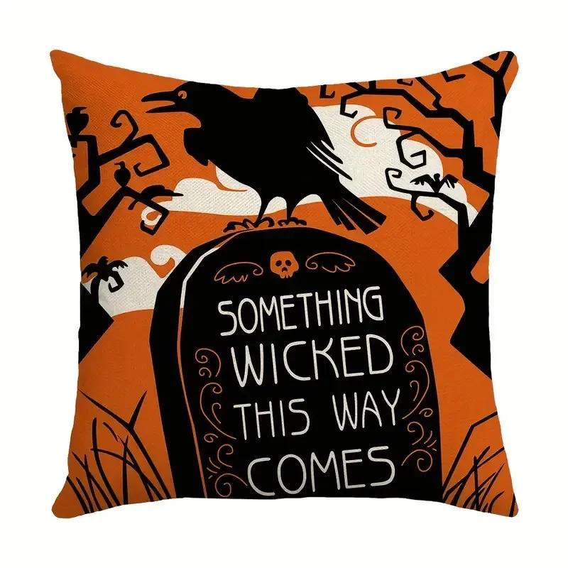 40/45/50cm Halloween Party Decorations Linen Pillowcase for Sofa Black Witch Ghost Print Throw Pillow Cover Home Decor