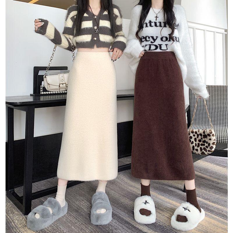 Knit Skirt Winter Thick Sweet High Waist Straight Midi Slit Bodycon Pencil Skirt