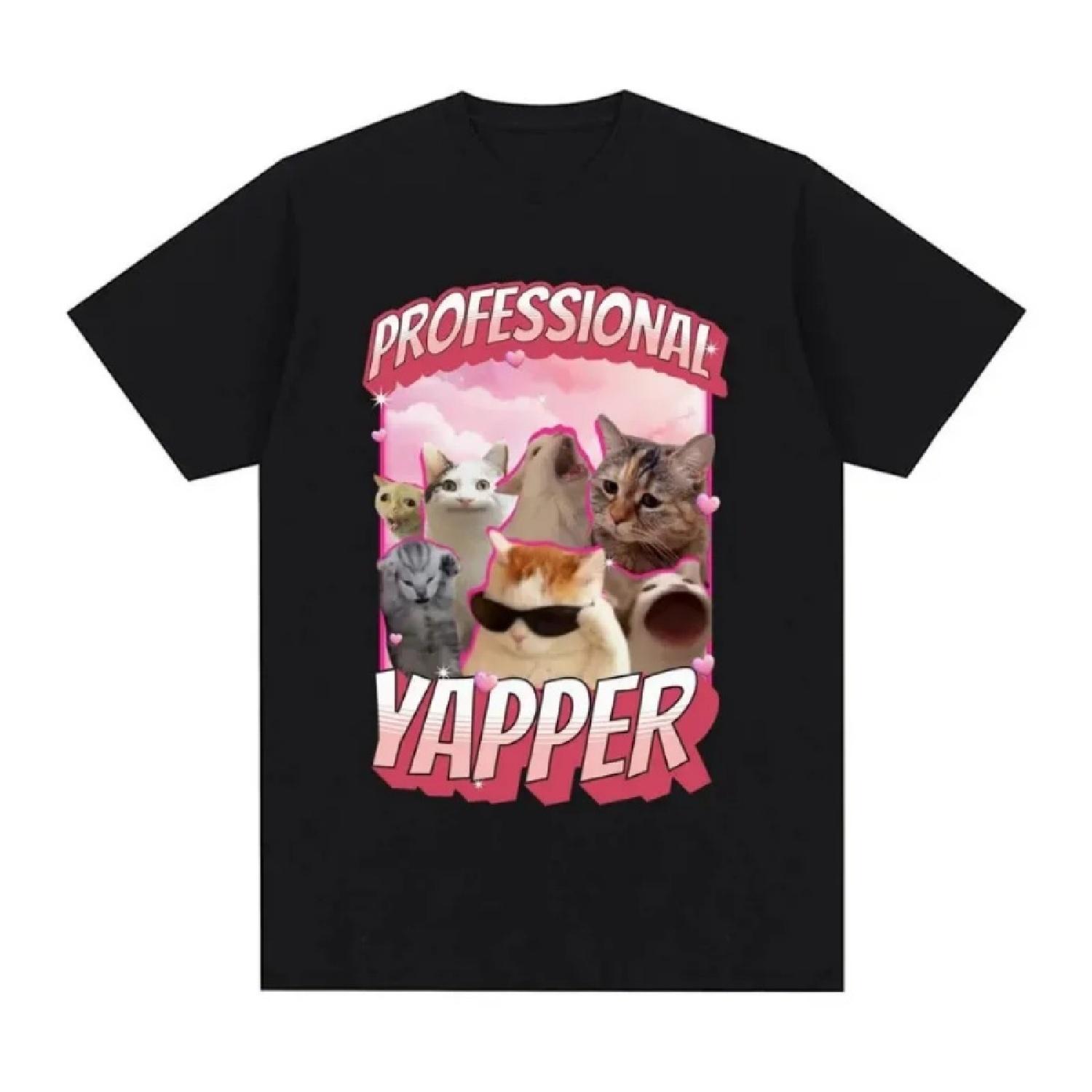 Retro Funny Professional Yapper Meme Cat Pattern Tshirt Womens Fashion Short Sleeved Tshirt Casual Comfortable T-shirt S