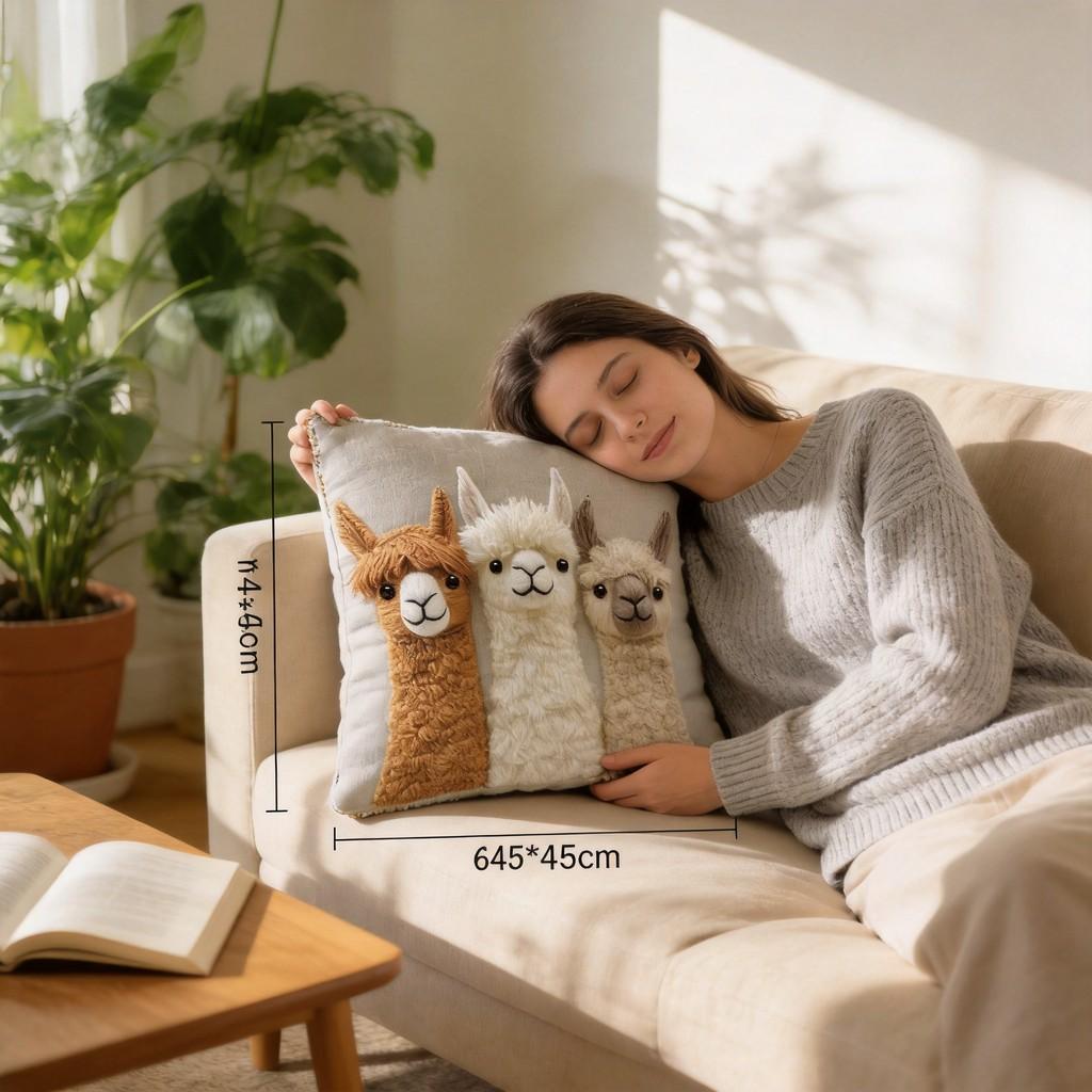Cute Sheep Throw Pillow Cover 2d Embroidery Linen Home Decor For Sofa