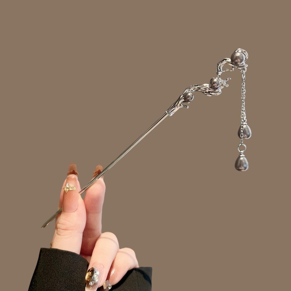 

1pc Silver - Toned Hair Stick: Curved Branch Design with Pearl Accents & Dangling Charms, Elegant Hair Accessory