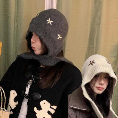 Winter Knitted Hooded Hat Neck Collar Scarf Cap Women Balaclava Bonnet Caps Cold Hats Embroidered Flowers Beanies Pullover Cap