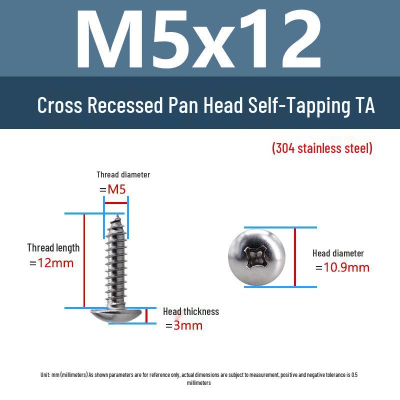 304 Stainless Steel Large Flat Head Self-Tapping Screws, TA Umbrella Head, Pointed Tail, M2-