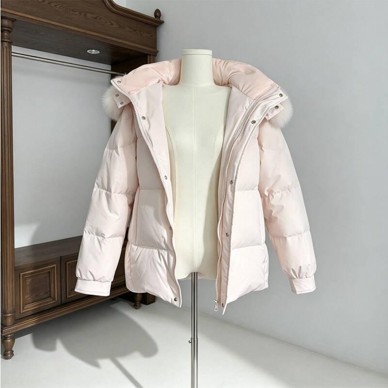 Womens Short Hooded Puffer Jacket With Faux Fur Trim Pink 90 White Duck Down Winter Coat