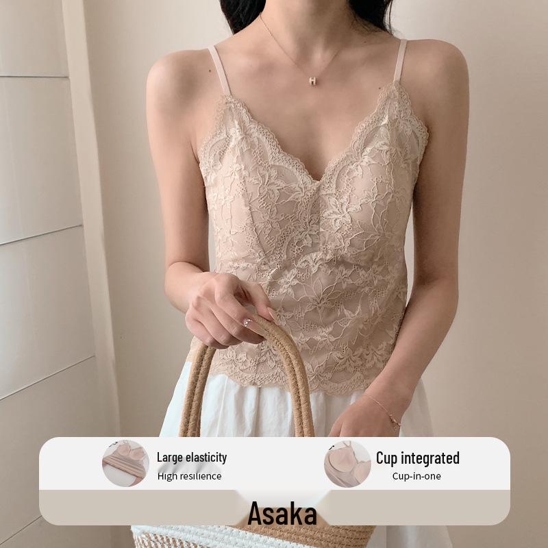 

French Lace V-Neck Push-Up Camisole: Back Shaping, No-Show Base Layer Tank Top. One Size (40-60kg)