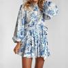Women's Fall Floral Mini Dress Long Sleeve Button Down A-line Swing Dress Stand Collar Short Dress with Belt
