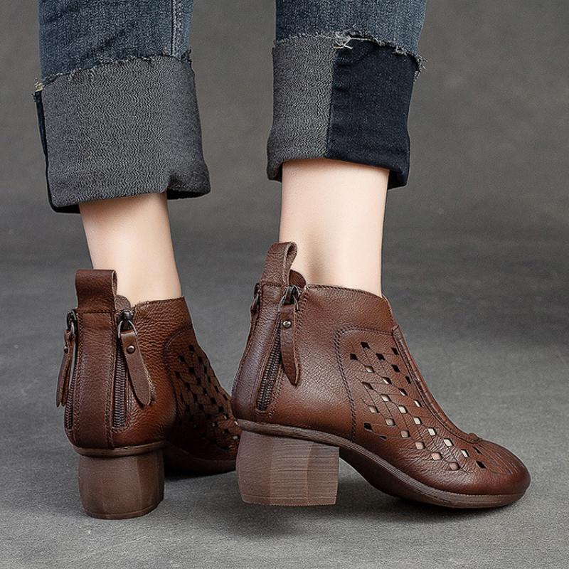 Johnature Hollow Out Boots Round Toe Breathable Back Zipper Genuine Leather Sandals Retro Mid Heel Women's Shoes