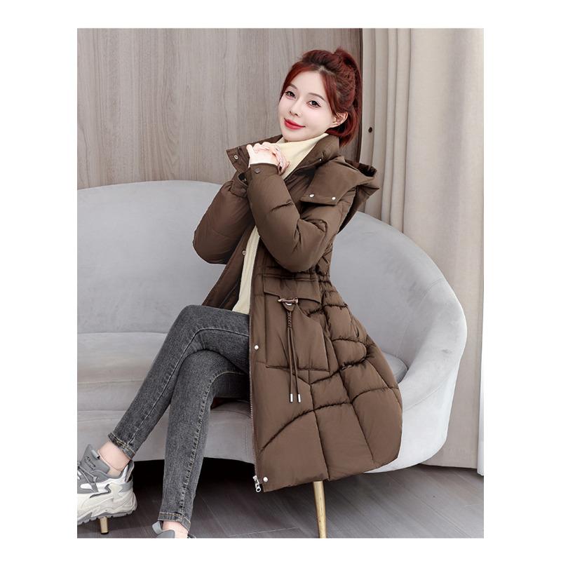 

Зимняя новая хлопковая одежда Женская повседневная средней длины с поясом Утолщенная теплая хлопковая куртка XXXL темно-коричневого