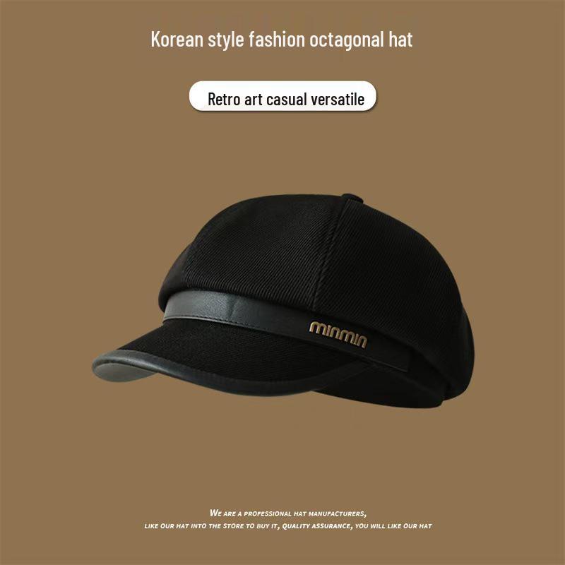 

Летний корейский берет в стиле Чжао Лусы для женщин - Восьмиугольная шляпа художника для большой головы черного цвета Adjustable (56-60cm) - Fashionable & Face Slimming